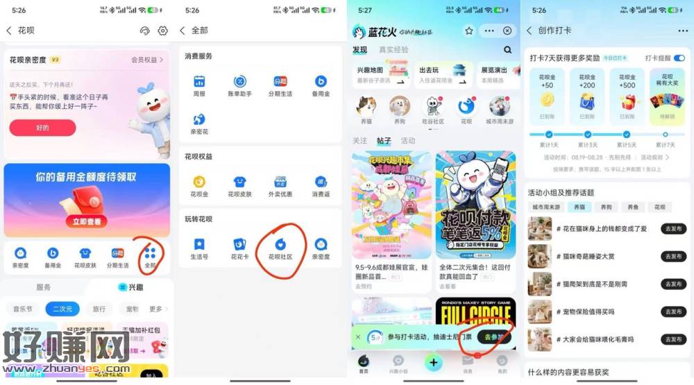 发帖拿花呗金，今天还够5天，100花呗金=1块钱，支付的时候