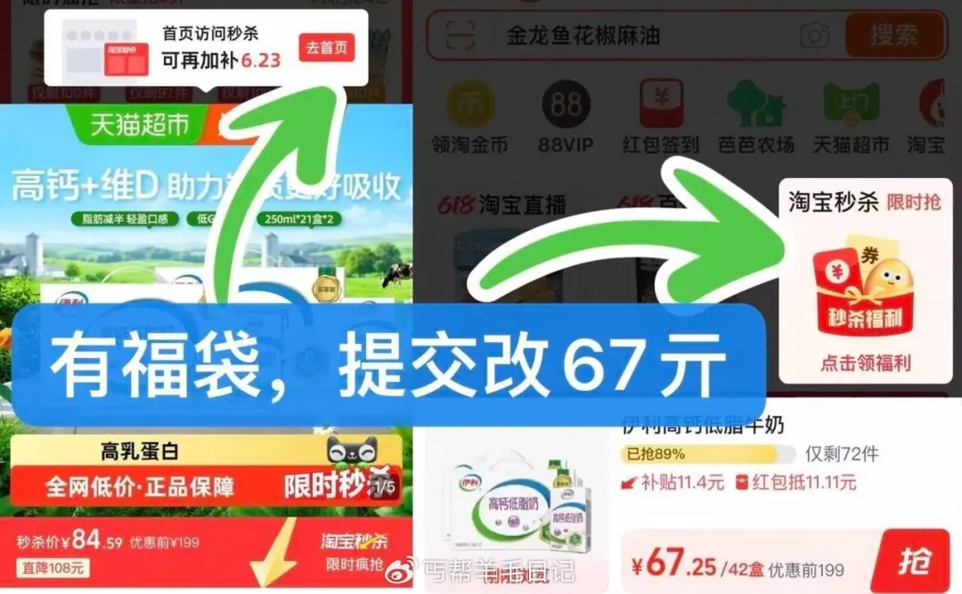 伊利高钙低脂牛奶250ml*21盒*2箱，67元/1.5盒