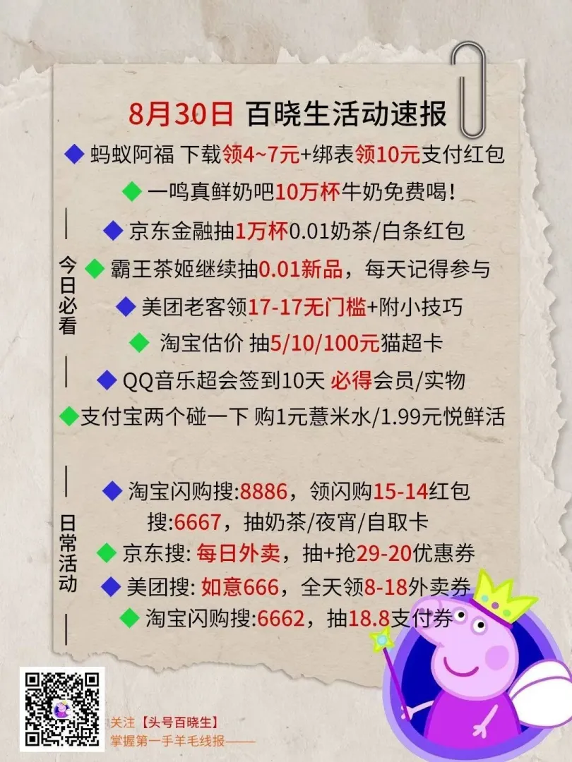 蚂蚁阿福14-17元红包、一鸣10万份免费牛奶、美团17-17元券、霸王茶姬0.01元奶茶、京东1万份0.01元奶茶、淘宝抽猫超卡、QQ音乐签到得会员