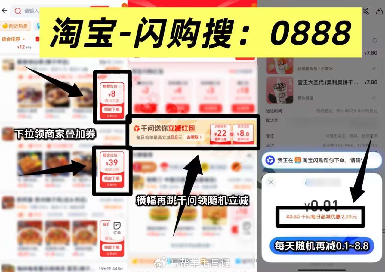 淘宝闪购外卖三叠加：千问红包+商家券+饿了么1.5元券