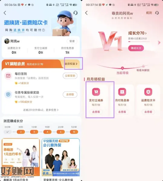 抖音支付券1元。搜：运费险-会员权益-支付立减金-1元。小号