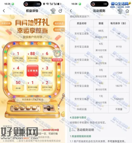 邮储月月抽好礼 最高88元支付宝立减金