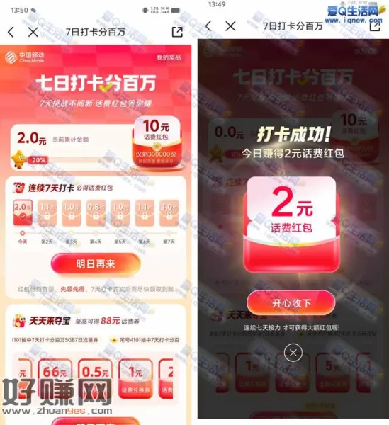 移动7日打卡瓜分百万话费 得5/10元话费