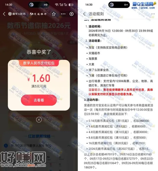 支付宝交行数币节抽2026元 亲测1.6元数币红包