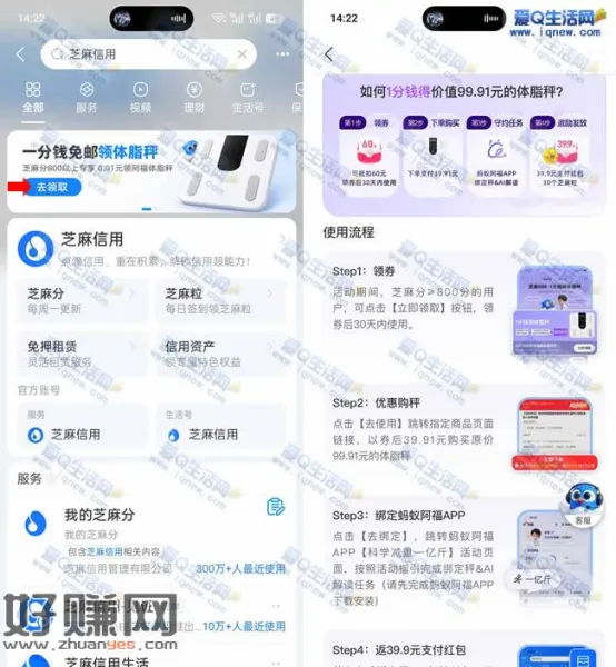 支付宝芝麻信用 0.01元得智能体脂秤一台