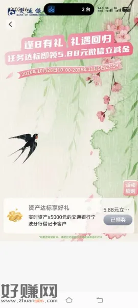 宁波交通银行，逢八有礼，5.88元。